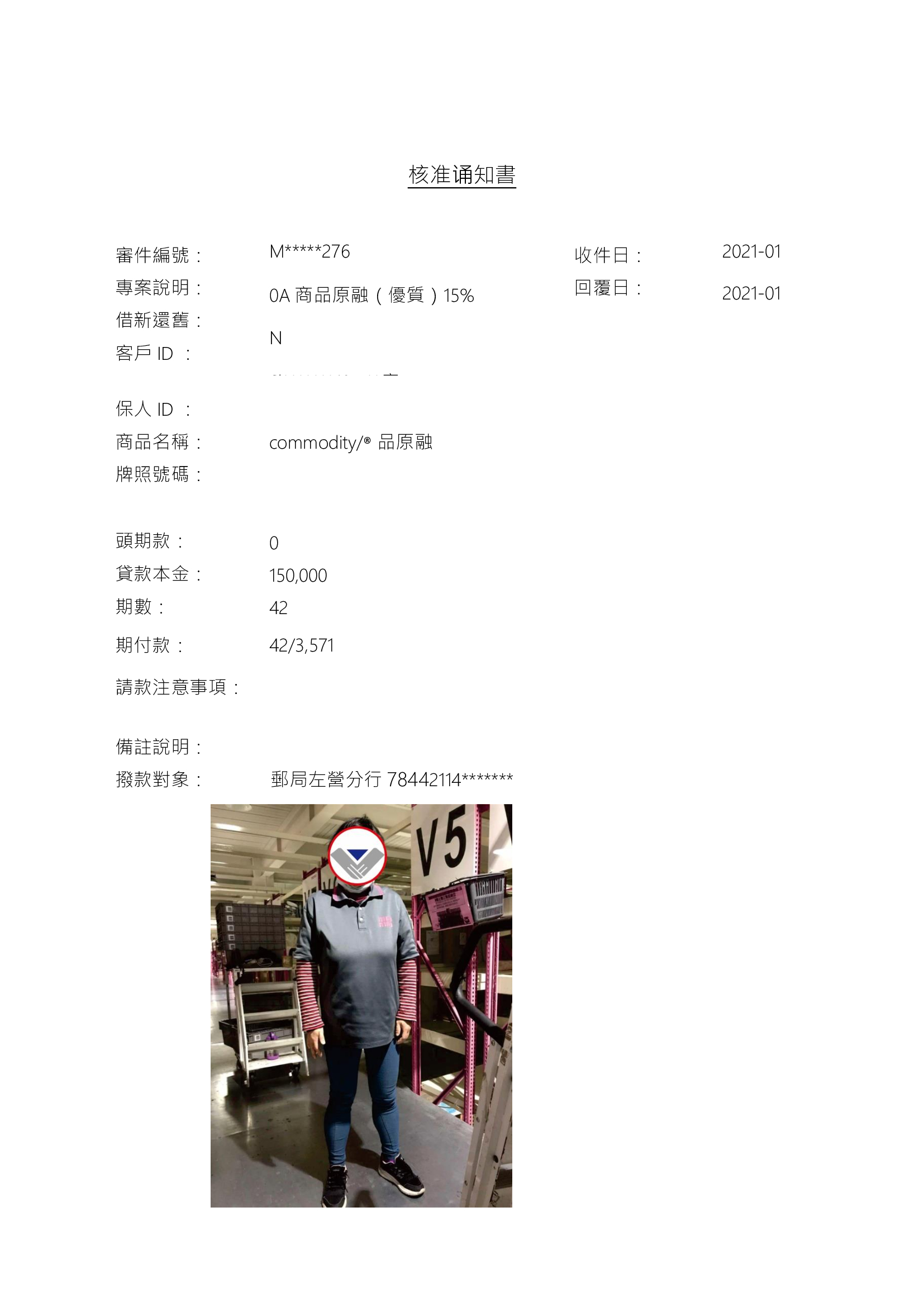 「2021年1月」 核准15萬桃園 劉小姐 30歲 工作於人力公司 當理貨人員